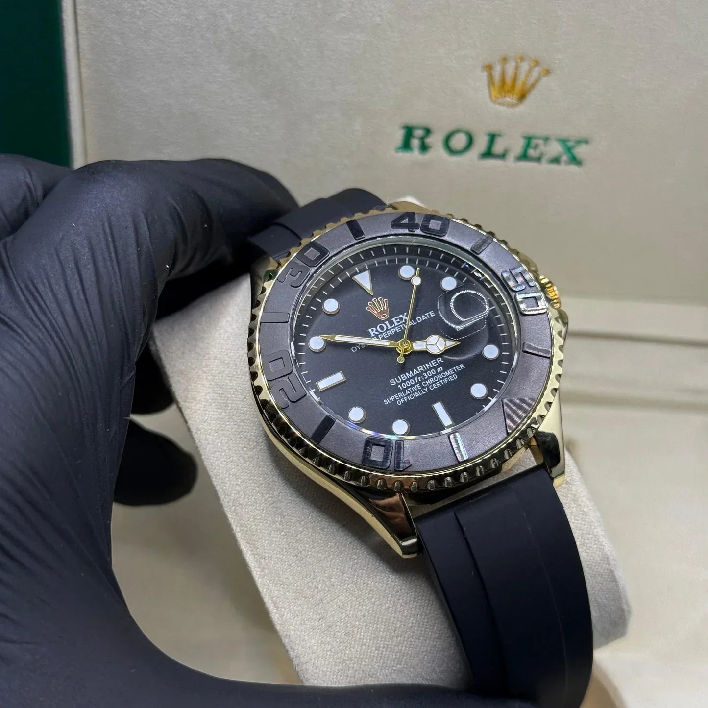 Rolex submariner strap with rotating golden & black dial date just
